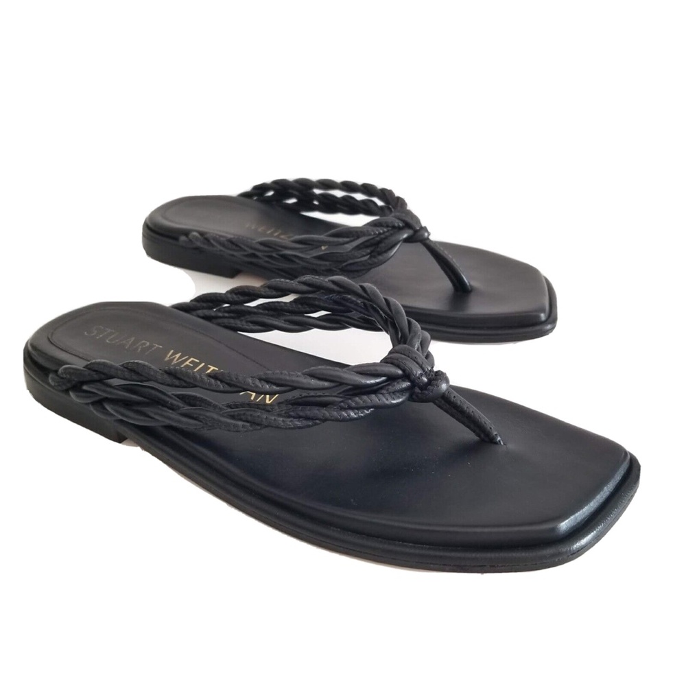 STUART WEITZMAN Women's Size 7.5 Calypso Thong Sandals Black Leather Square Toe
